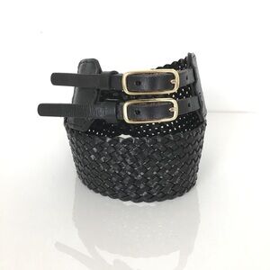 Talbots Black Woven Leather Double-Strap Belt with Gold Buckles